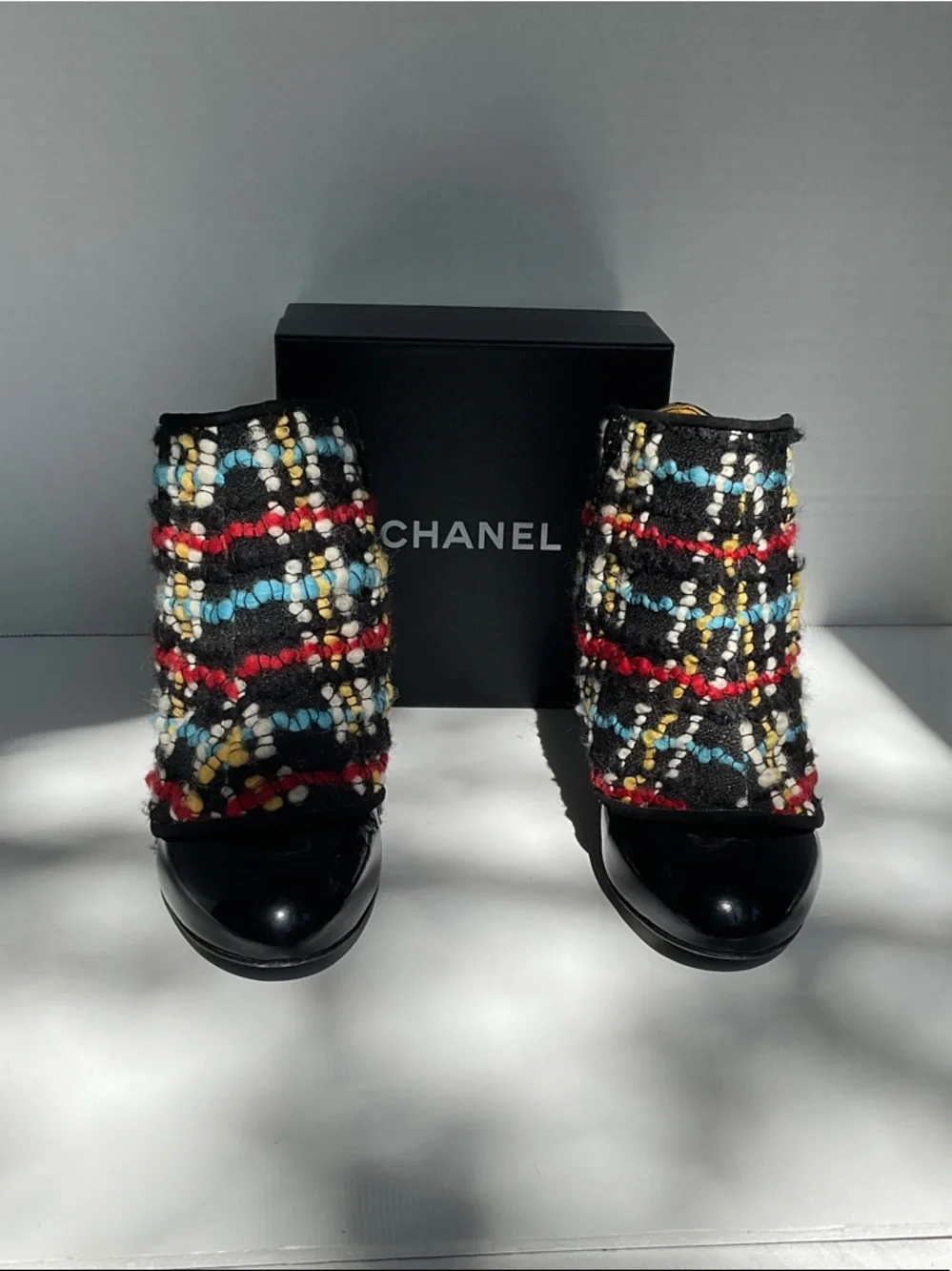 CHANEL Black Patent Leather Ankle Boots with Multicolor Tweed Shaft